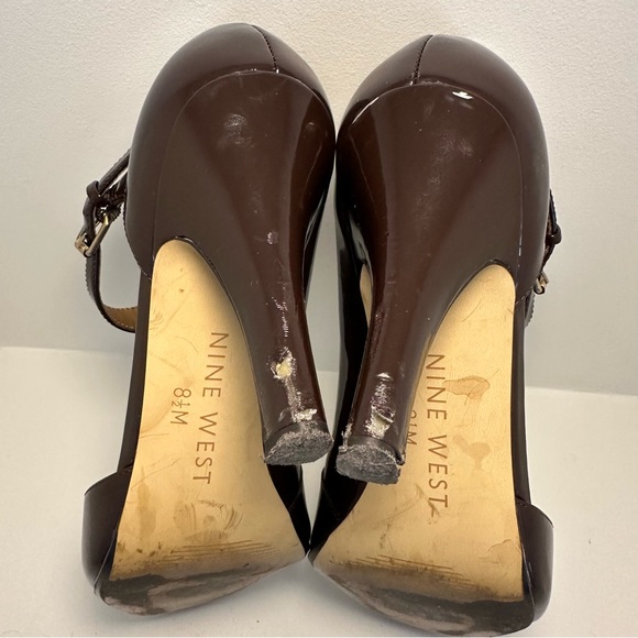NINE WEST Patent Leather Brown Mary Jane Sandal Heel Ankle Strap Size 8.5 - Picture 9 of 11